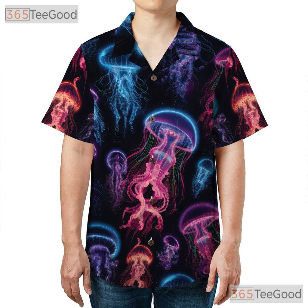 Bioluminescent Neon Jellyfish Ocean Space Aloha Party Hawaiian Shirt Unisex