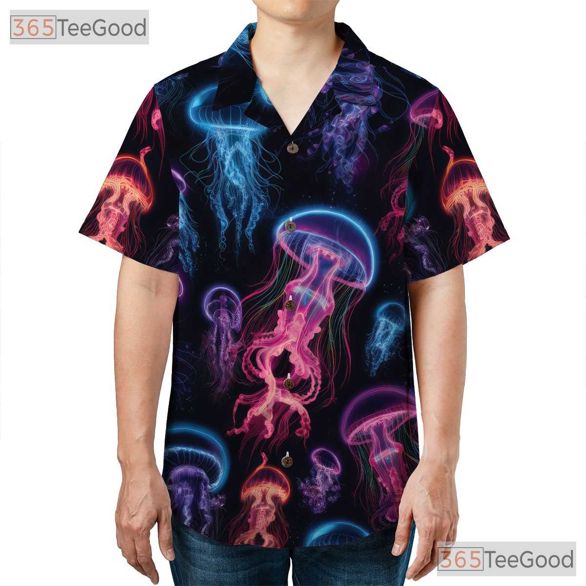 Bioluminescent Neon Jellyfish Ocean Space Aloha Party Hawaiian Shirt Unisex