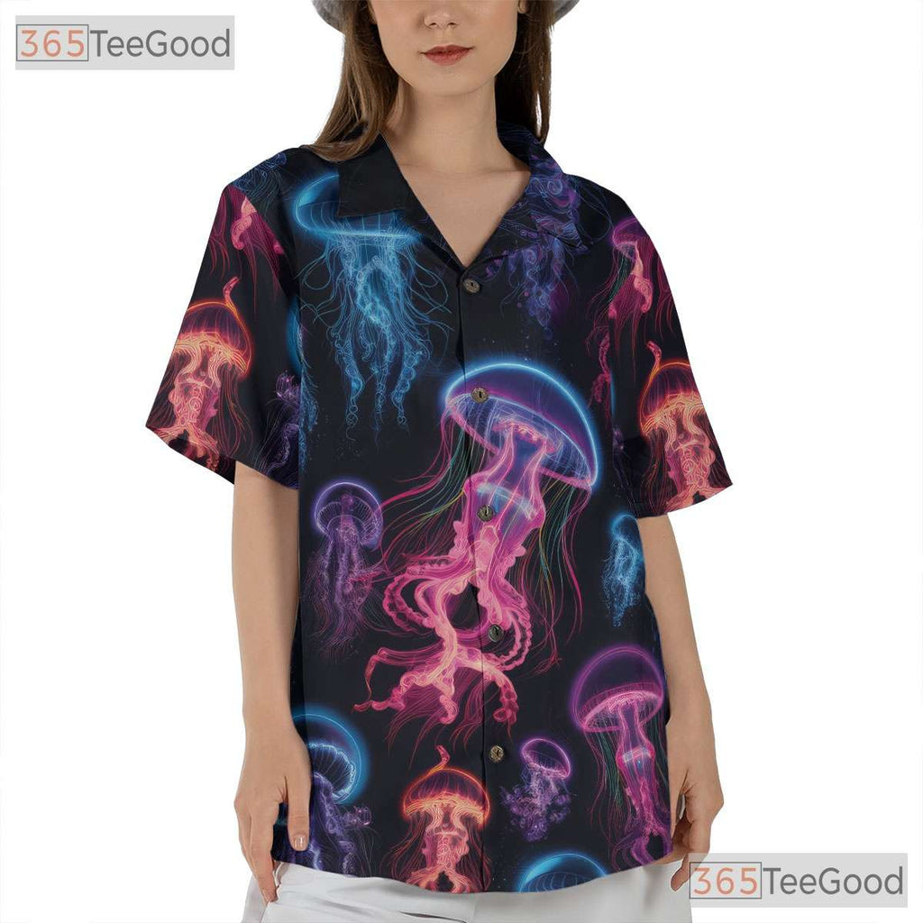 Bioluminescent Neon Jellyfish Ocean Space Aloha Party Hawaiian Shirt Unisex