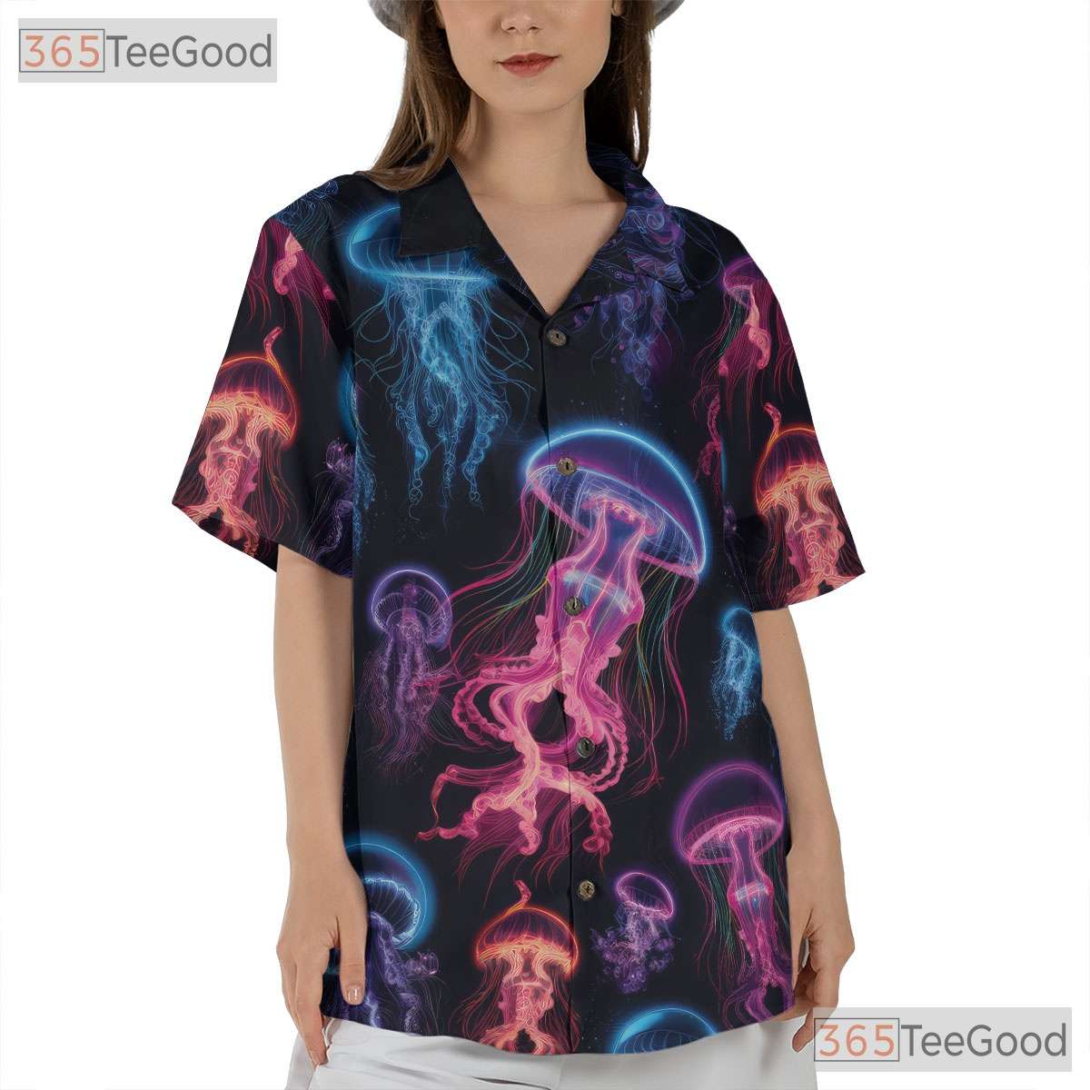 Bioluminescent Neon Jellyfish Ocean Space Aloha Party Hawaiian Shirt Unisex