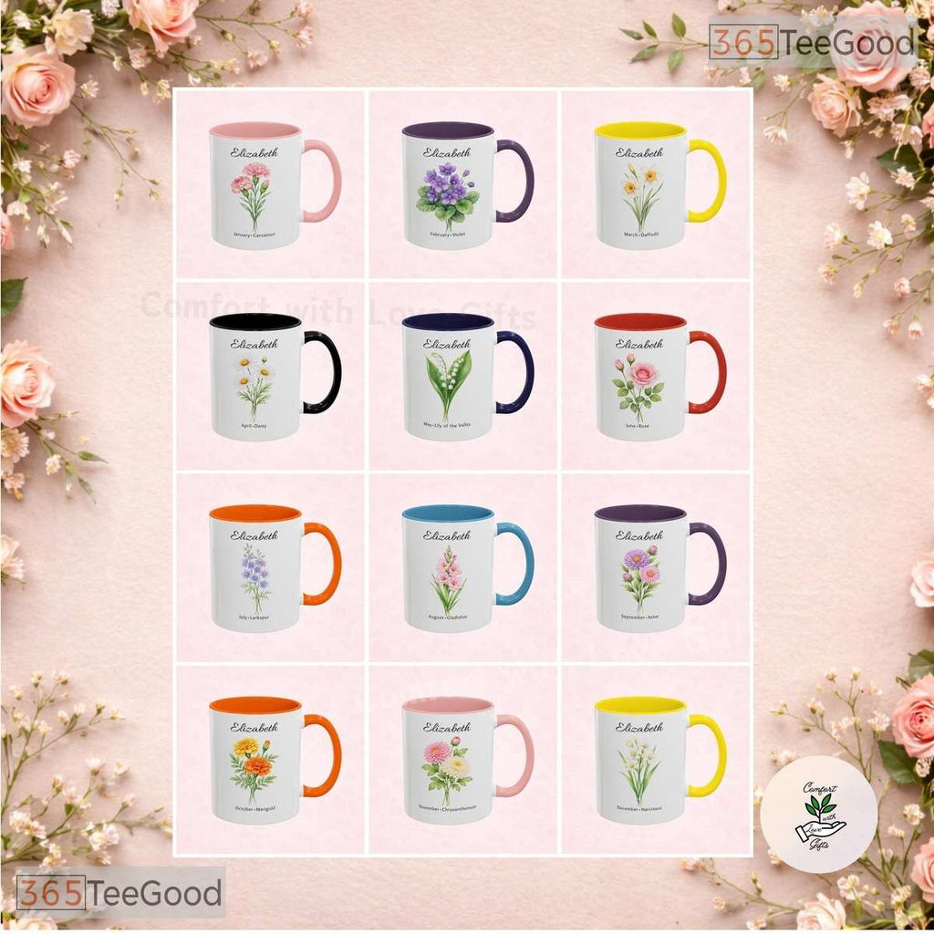 Personalized Birth Month Flower Accent Mug - Custom Birthday Floral Ceramic Accent Mug