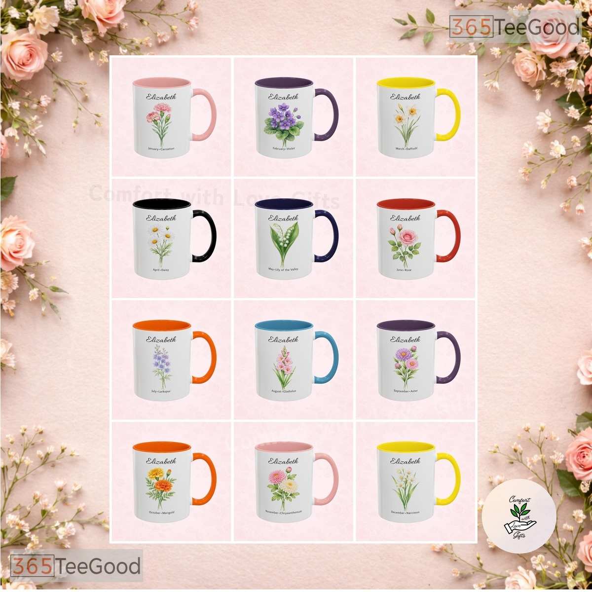 Personalized Birth Month Flower Accent Mug - Custom Birthday Floral Ceramic Accent Mug
