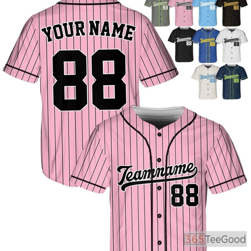 Black and Pink Baseball Jersey Tee with Personal Name, Number, and Logo Customization
