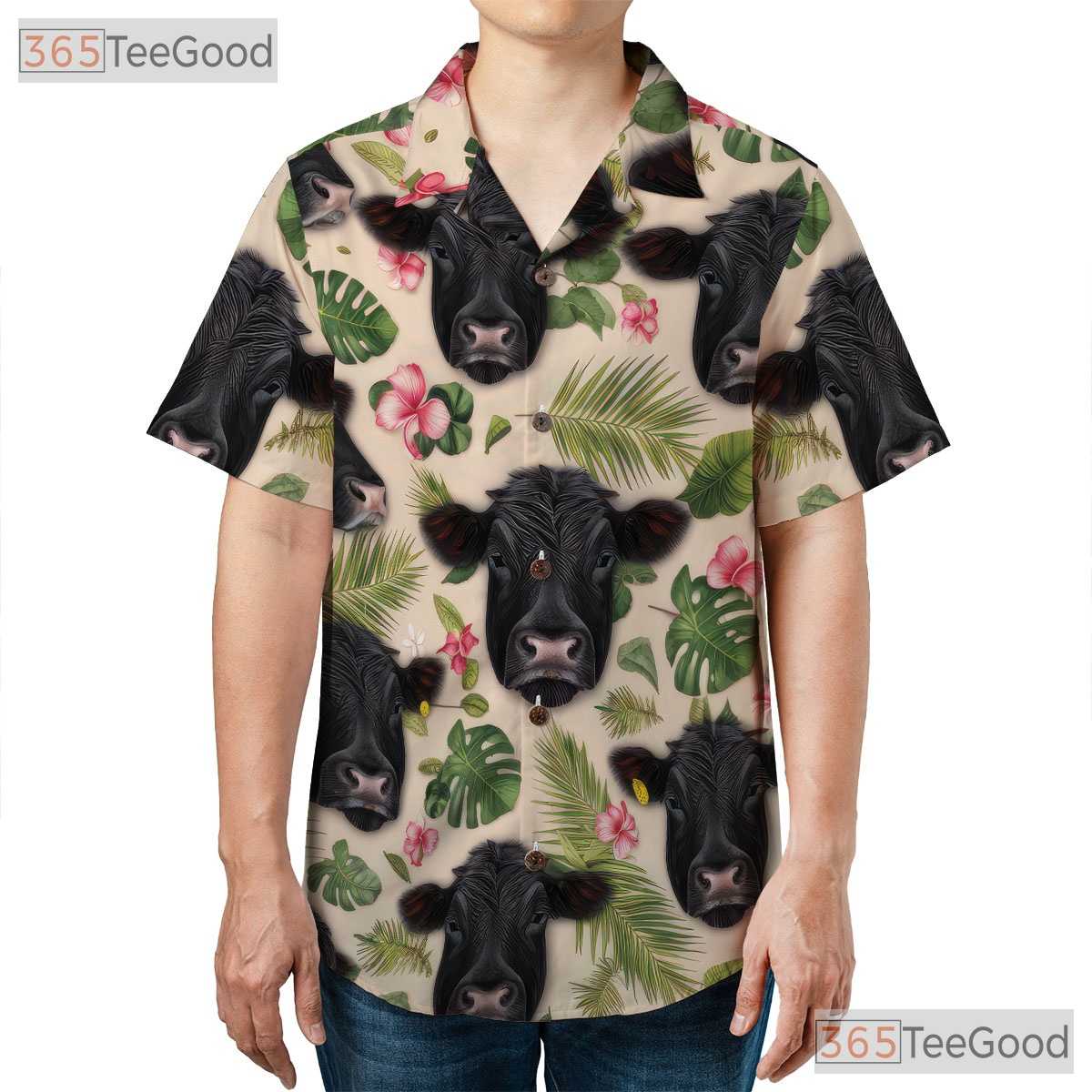 Black Angus Cattle Floral Seamless Tropical Hawaiian Shirt Unisex Aloha Top
