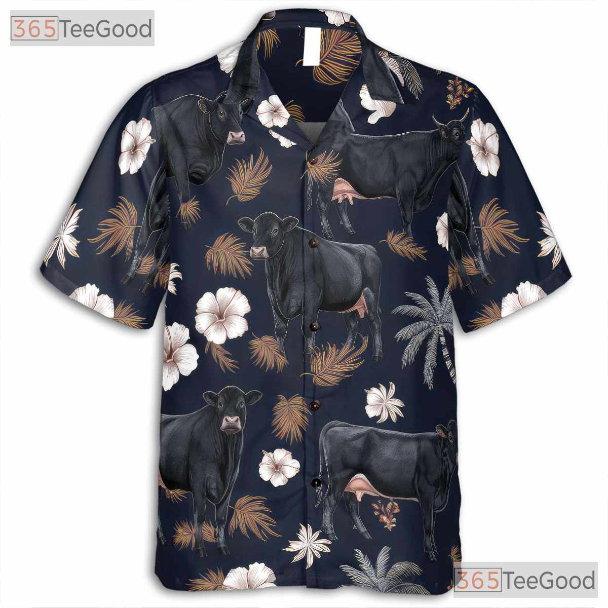 Black Angus Cow Western Farm Animal Floral Aloha Hawaiian Shirt Unisex Vacation