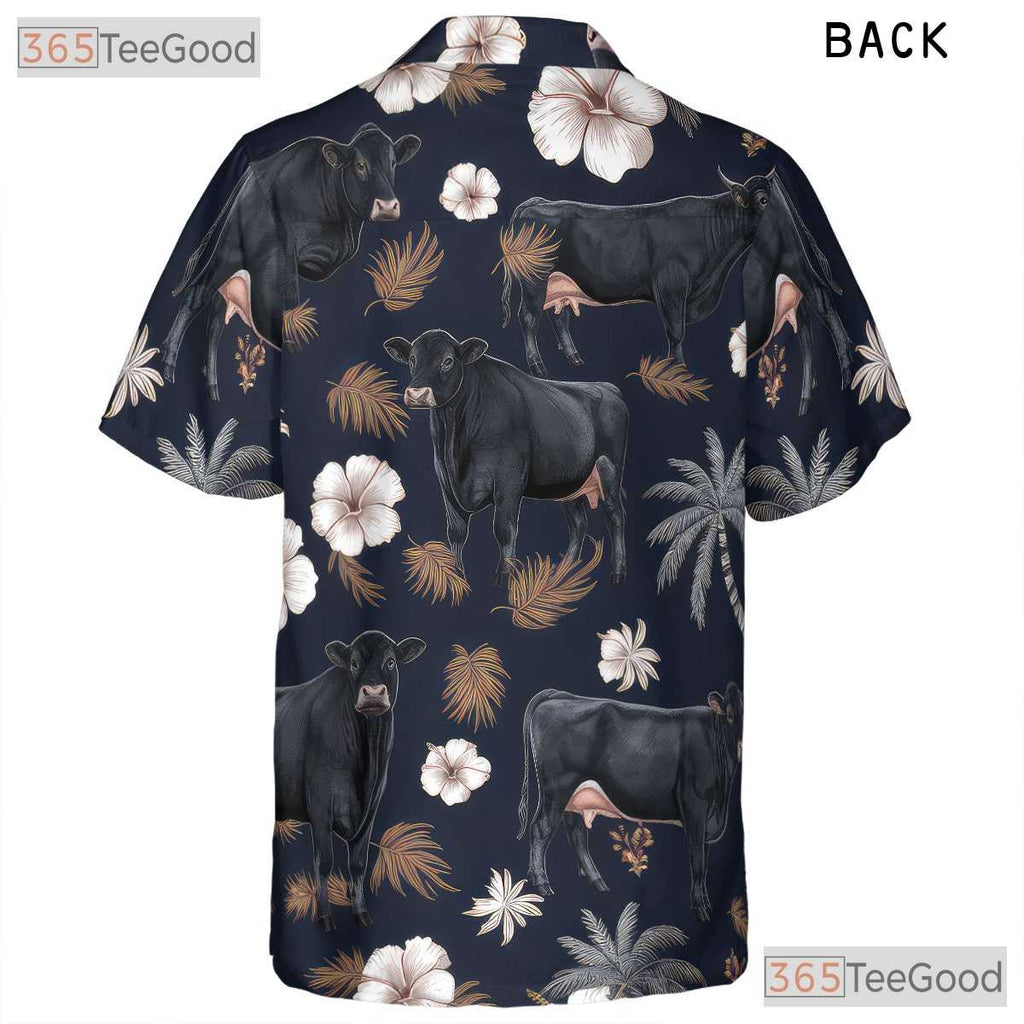 Black Angus Cow Western Farm Animal Floral Aloha Hawaiian Shirt Unisex Vacation