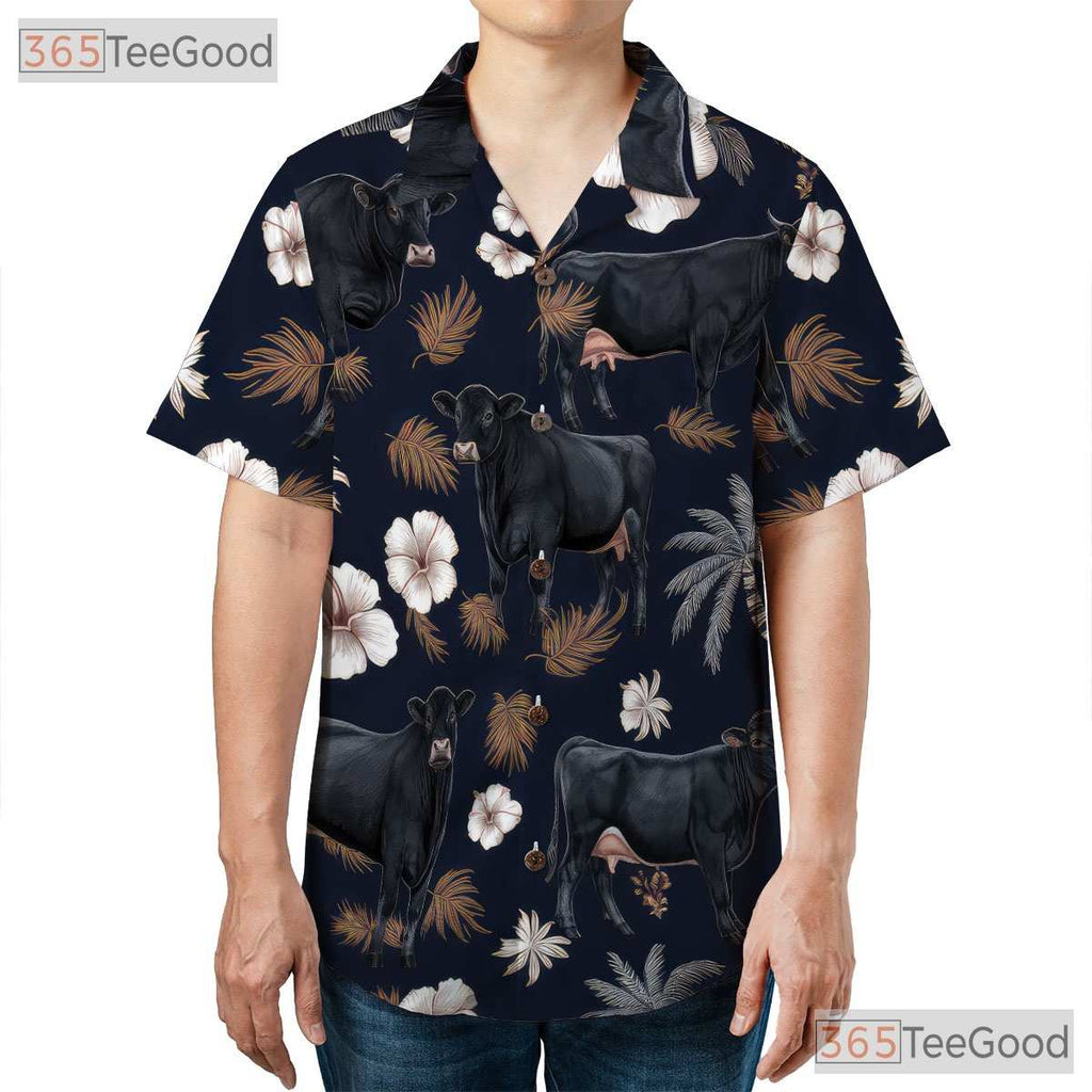 Black Angus Cow Western Farm Animal Floral Aloha Hawaiian Shirt Unisex Vacation