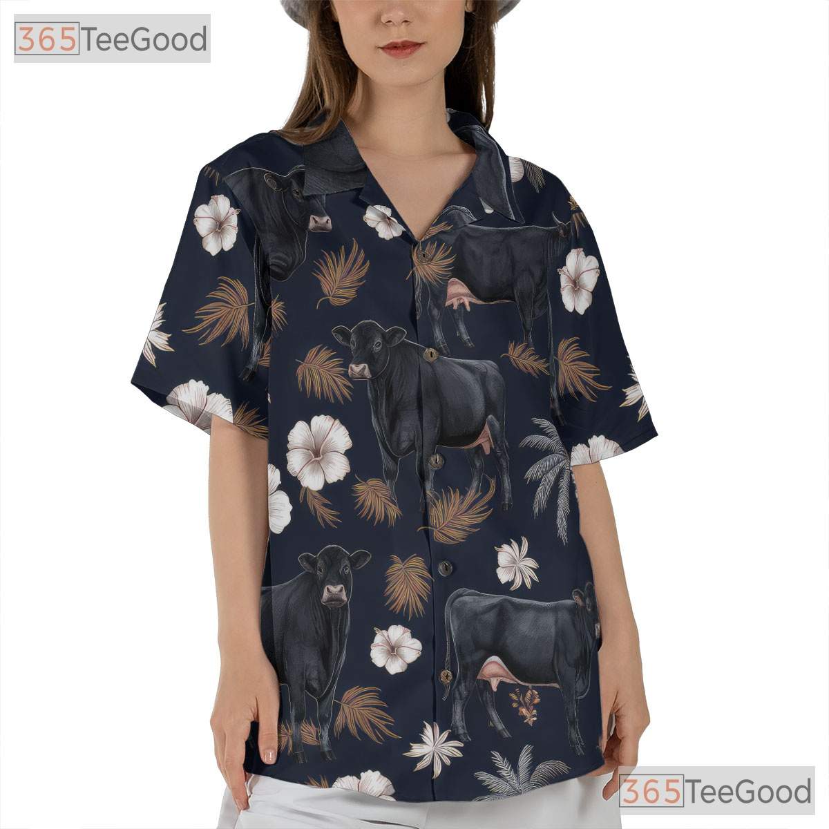 Black Angus Cow Western Farm Animal Floral Aloha Hawaiian Shirt Unisex Vacation