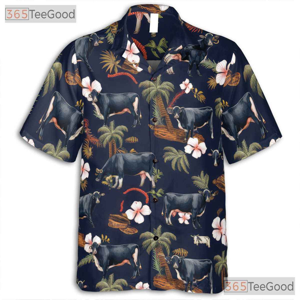Black Angus Cow Western Farm Animal Floral Hawaiian Shirt Unisex Aloha Beach Top