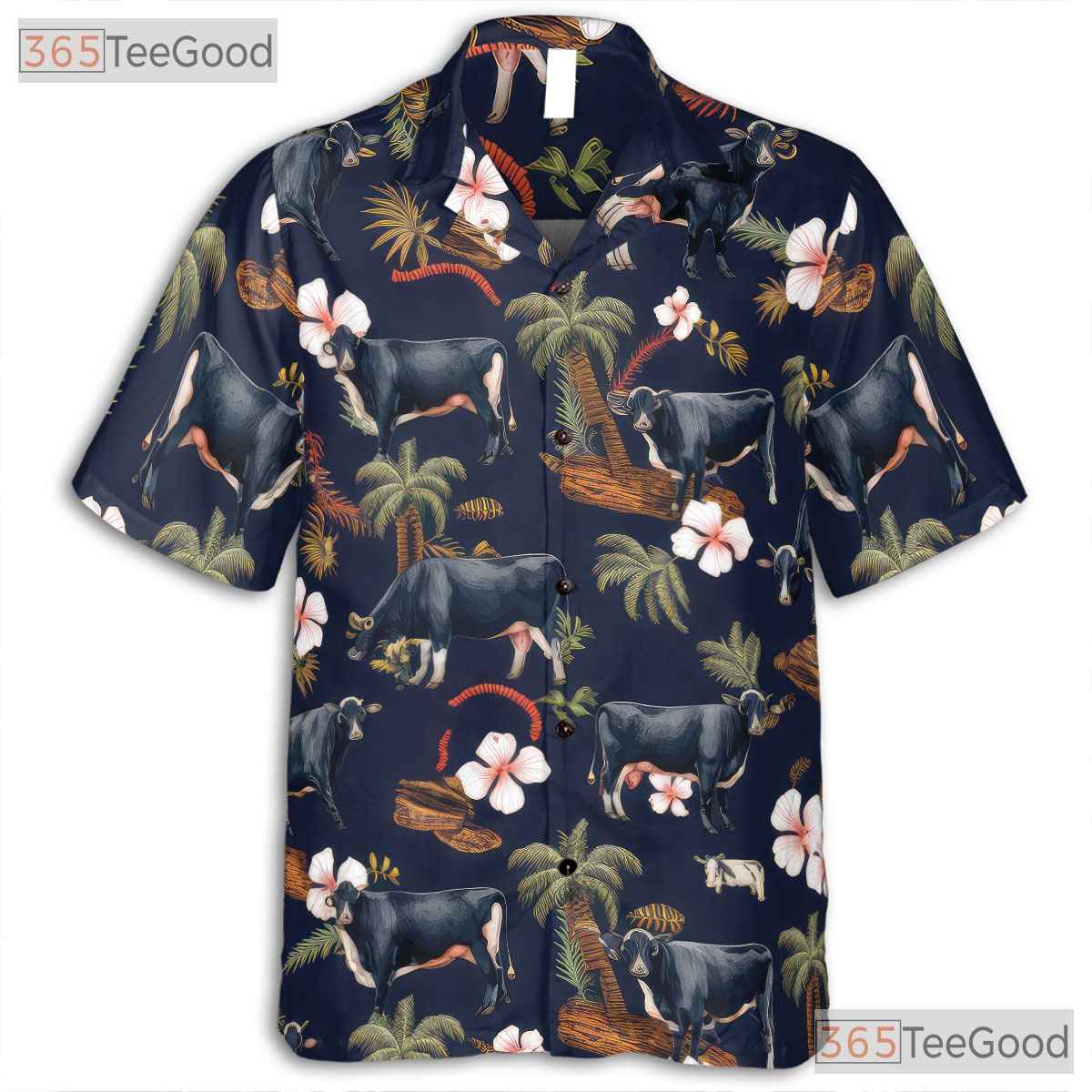 Black Angus Cow Western Farm Animal Floral Hawaiian Shirt Unisex Aloha Beach Top