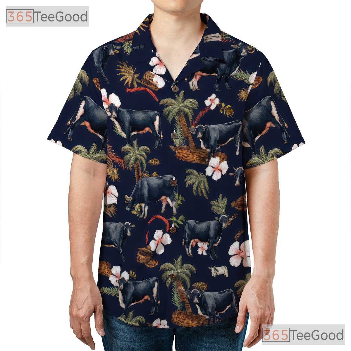 Black Angus Cow Western Farm Animal Floral Hawaiian Shirt Unisex Aloha Beach Top