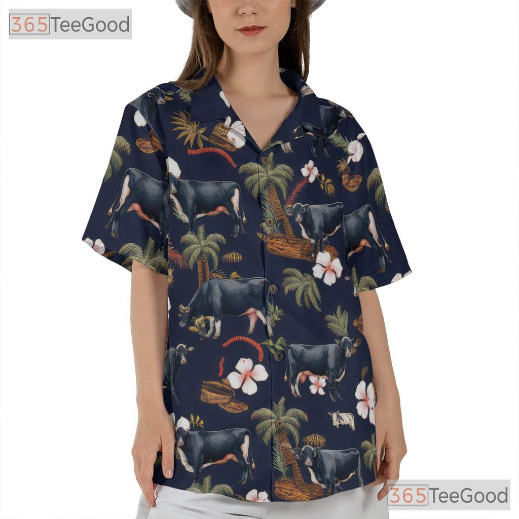 Black Angus Cow Western Farm Animal Floral Hawaiian Shirt Unisex Aloha Beach Top