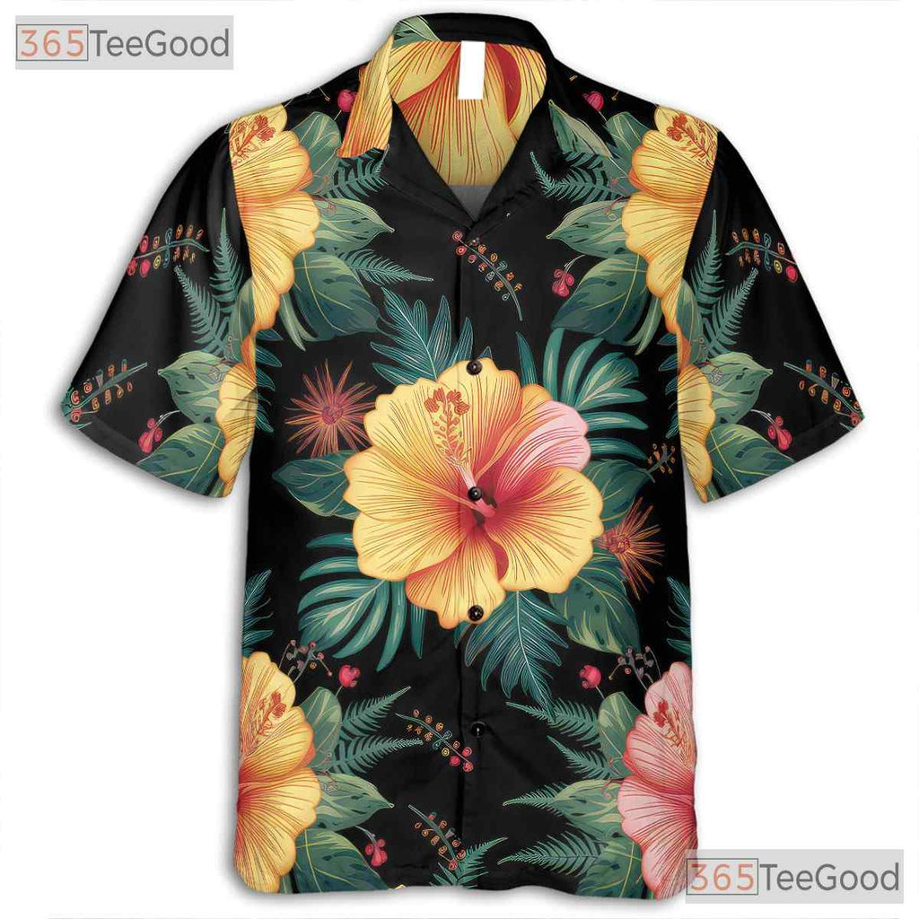 Black Background Hibiscus Floral Hawaiian Tee - Men's Tropical Aesthetic