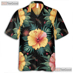 Black Background Hibiscus Floral Hawaiian Tee - Men's Tropical Aesthetic
