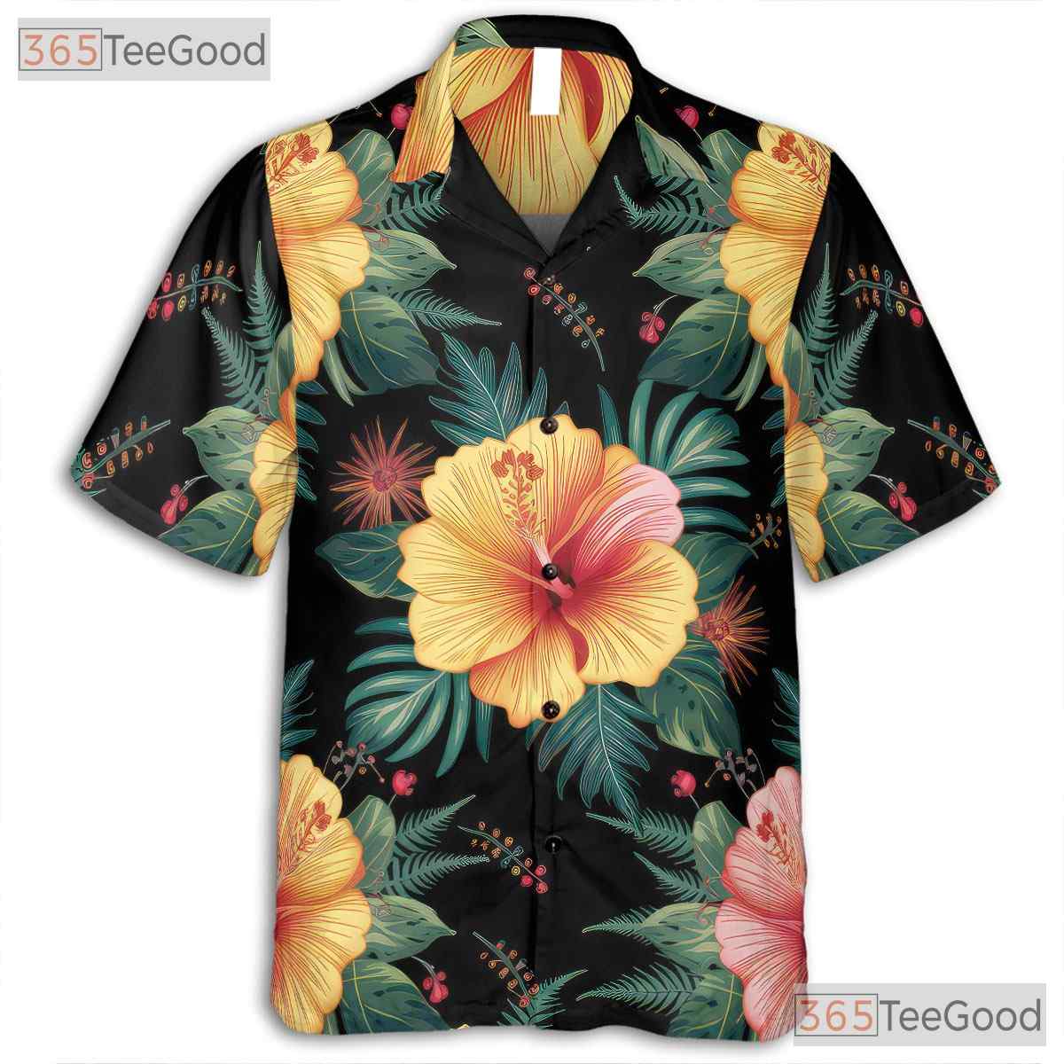 Black Background Hibiscus Floral Hawaiian Tee - Men's Tropical Aesthetic