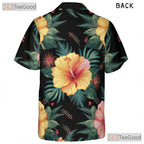 Black Background Hibiscus Floral Hawaiian Tee - Men's Tropical Aesthetic