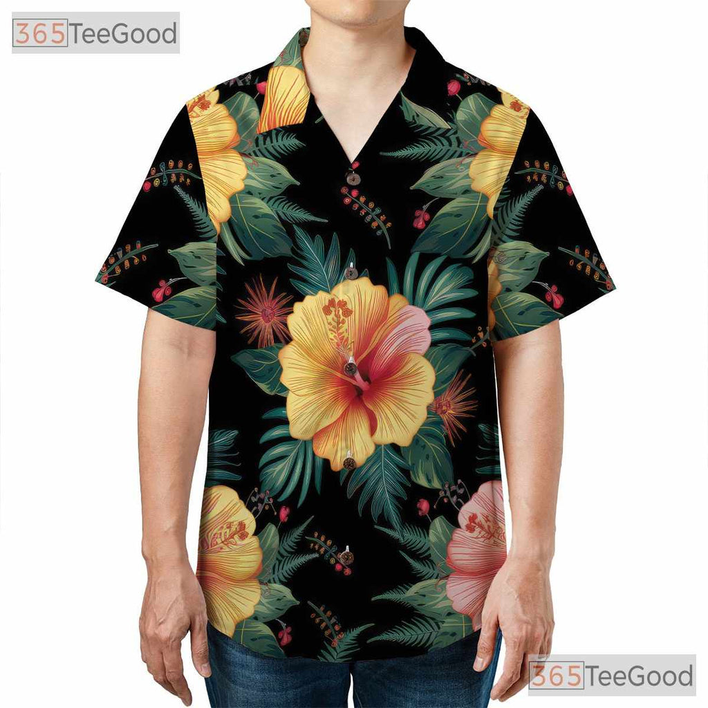 Black Background Hibiscus Floral Hawaiian Tee - Men's Tropical Aesthetic