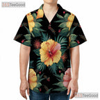 Black Background Hibiscus Floral Hawaiian Tee - Men's Tropical Aesthetic
