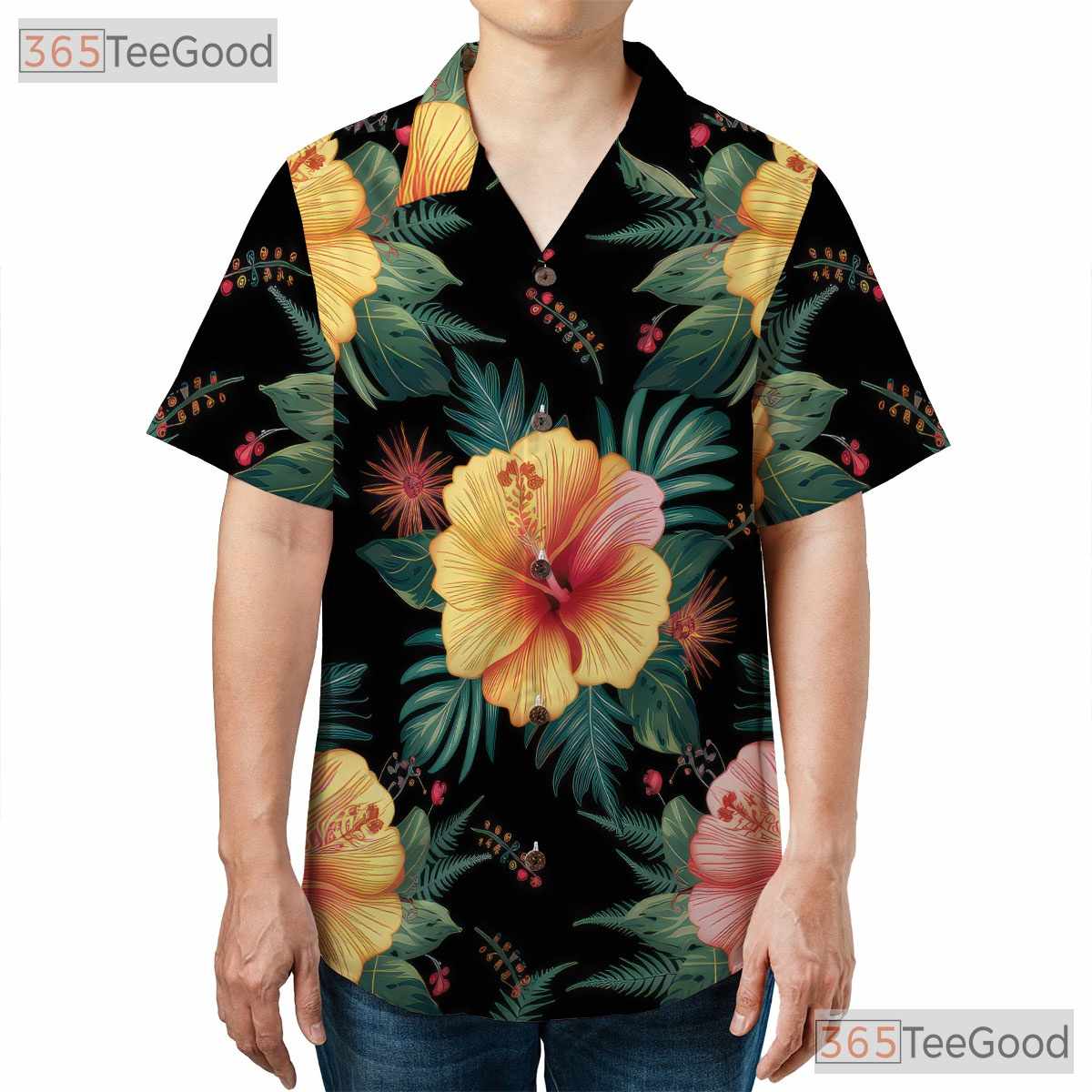 Black Background Hibiscus Floral Hawaiian Tee - Men's Tropical Aesthetic