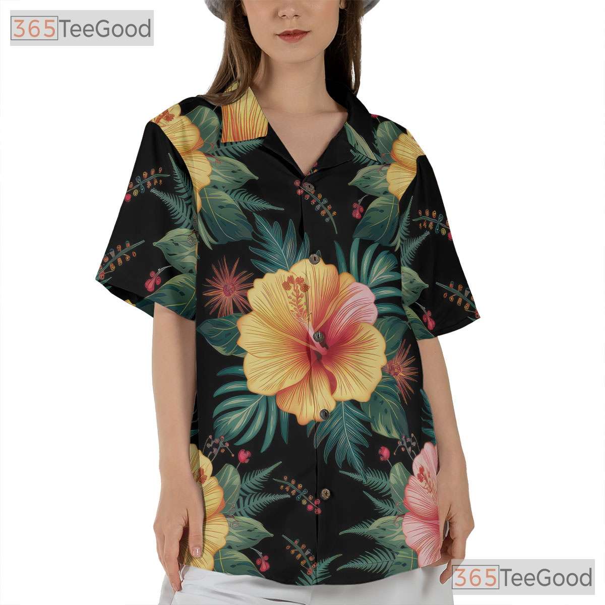 Black Background Hibiscus Floral Hawaiian Tee - Men's Tropical Aesthetic