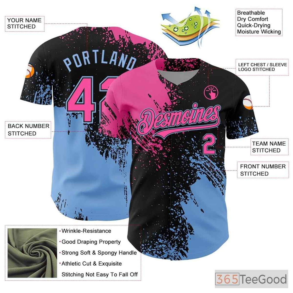 Black, Blue & Pink Custom Baseball Jersey Tee for Men & Women - Stitched Design