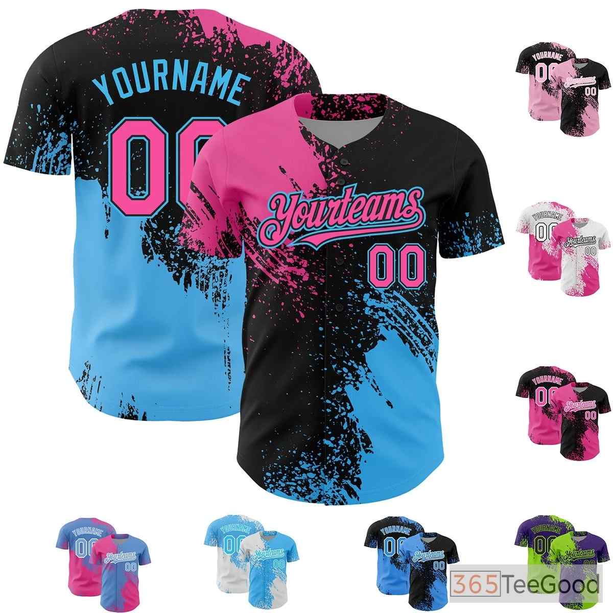 Black, Blue & Pink Personalized Baseball Jersey Tee with Stitched Name & Number