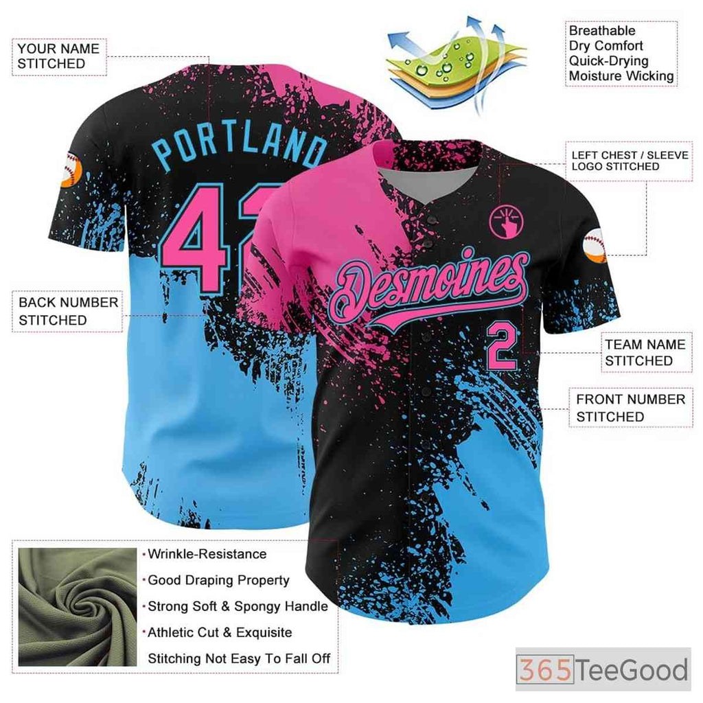 Black, Blue & Pink Personalized Baseball Jersey Tee with Stitched Name & Number