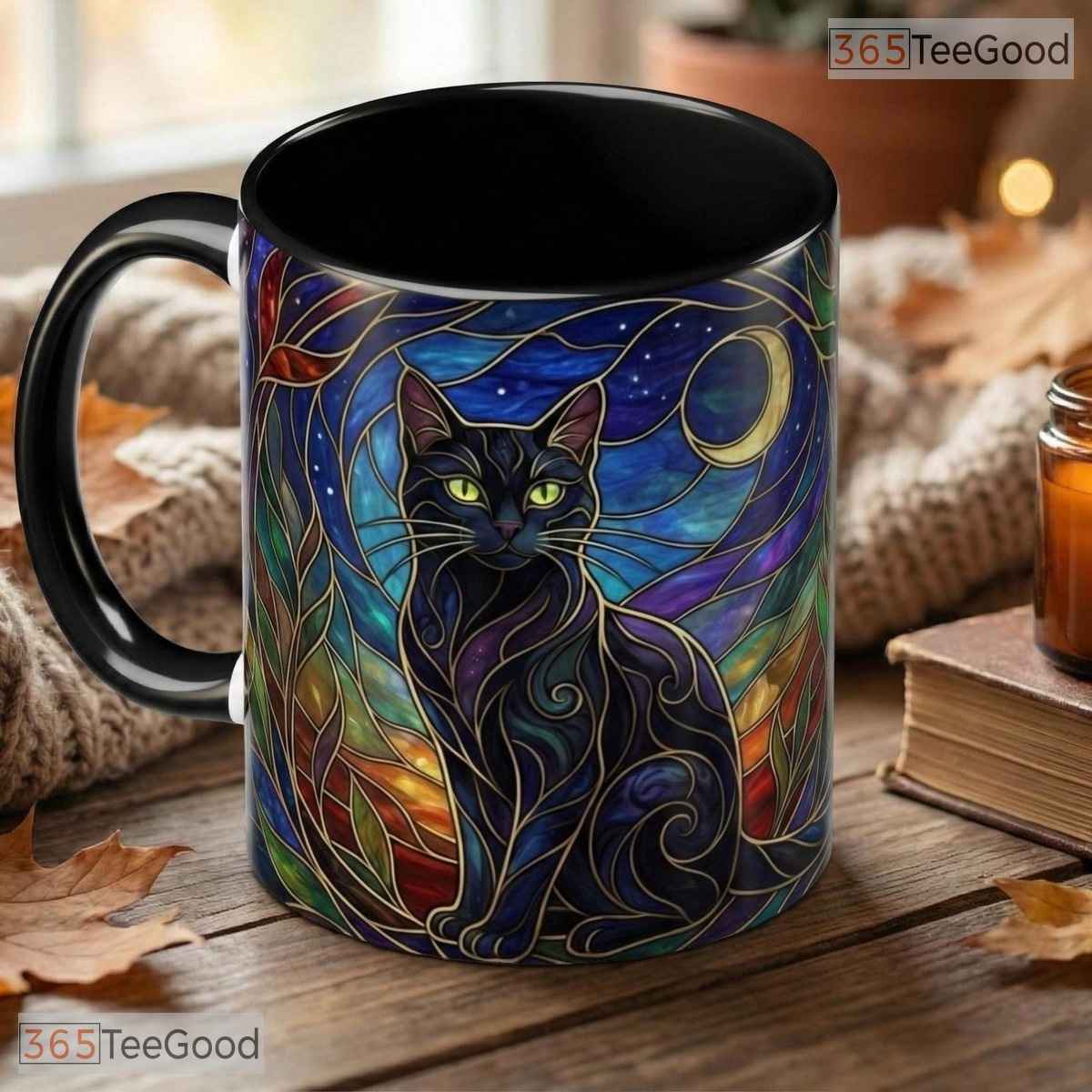 Black Cat Stained Glass Moon Mug - Witchy Celestial Aesthetic Gift Ceramic Accent Mug