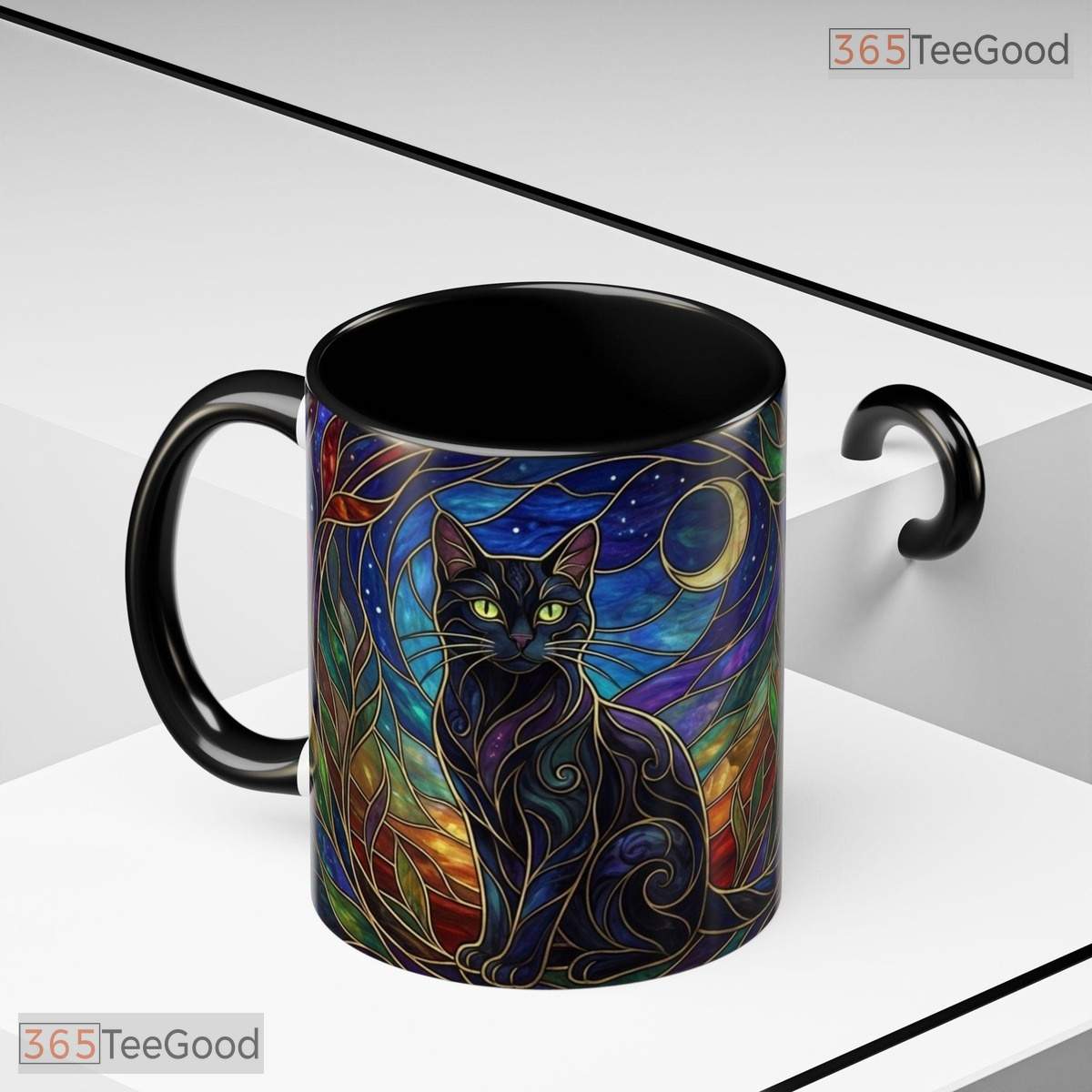 Black Cat Stained Glass Moon Mug - Witchy Celestial Aesthetic Gift Ceramic Accent Mug