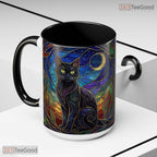 Black Cat Stained Glass Moon Mug - Witchy Celestial Aesthetic Gift Ceramic Accent Mug