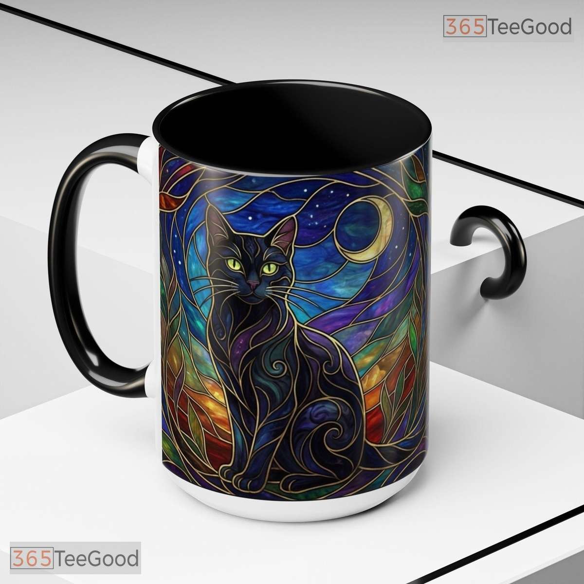 Black Cat Stained Glass Moon Mug - Witchy Celestial Aesthetic Gift Ceramic Accent Mug