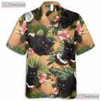 Black Cat Tropical Coconut Hibiscus Palm Leaves Aloha Hawaiian Tee Unisex