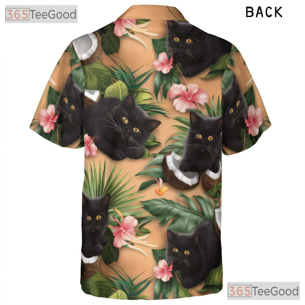 Black Cat Tropical Coconut Hibiscus Palm Leaves Aloha Hawaiian Tee Unisex