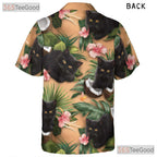 Black Cat Tropical Coconut Hibiscus Palm Leaves Aloha Hawaiian Tee Unisex