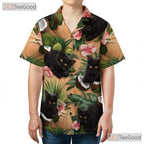 Black Cat Tropical Coconut Hibiscus Palm Leaves Aloha Hawaiian Tee Unisex