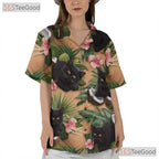 Black Cat Tropical Coconut Hibiscus Palm Leaves Aloha Hawaiian Tee Unisex