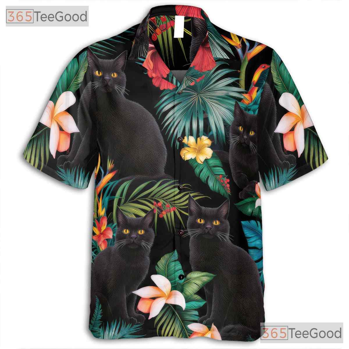Black Cat Tropical Floral Aloha Beach Animal Print Hawaiian Shirt Unisex