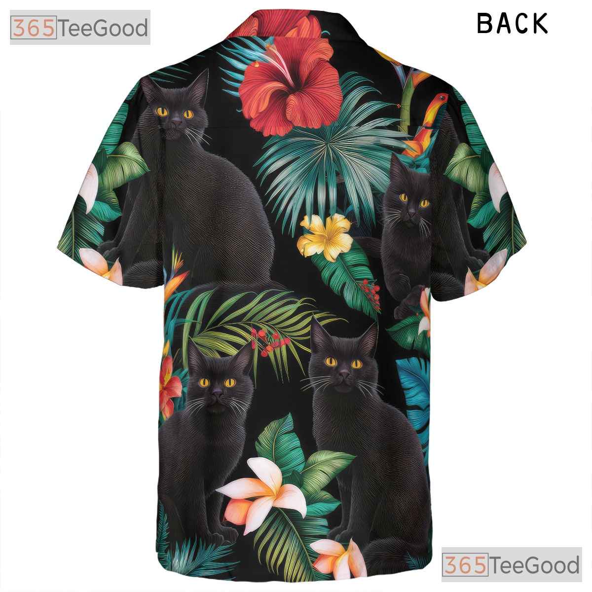 Black Cat Tropical Floral Aloha Beach Animal Print Hawaiian Shirt Unisex