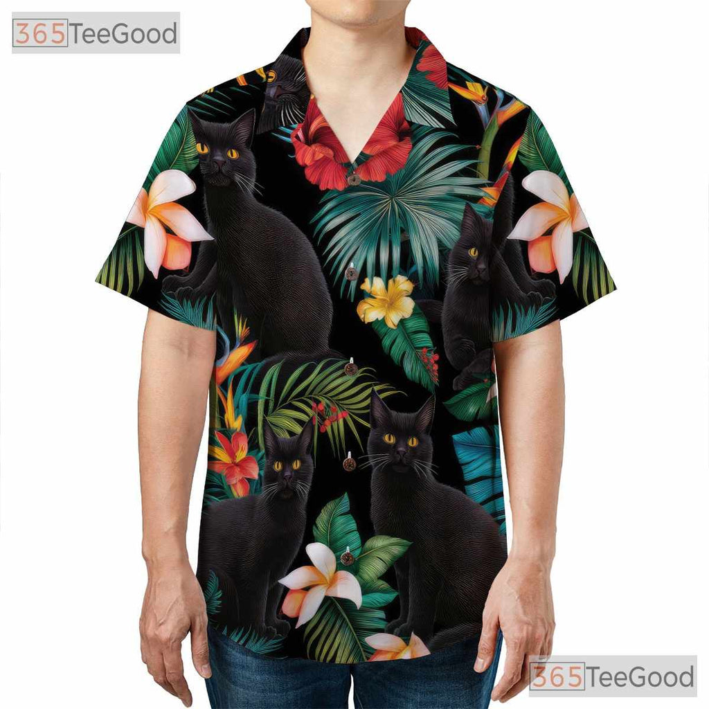 Black Cat Tropical Floral Aloha Beach Animal Print Hawaiian Shirt Unisex
