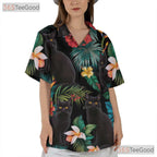 Black Cat Tropical Floral Aloha Beach Animal Print Hawaiian Shirt Unisex