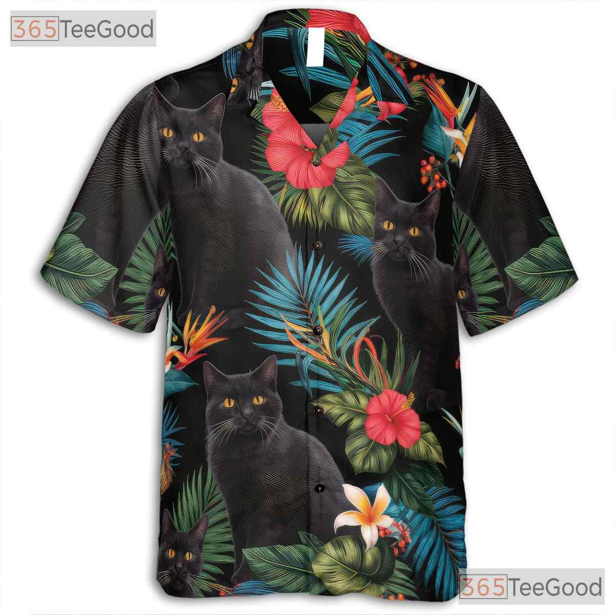 Black Cat Tropical Floral Aloha Beach Party Hawaiian Tee Unisex Outfit Top