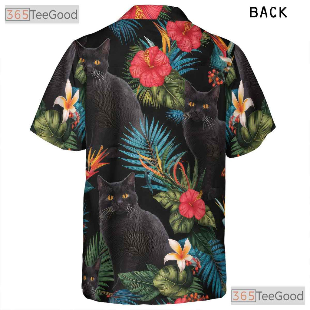 Black Cat Tropical Floral Aloha Beach Party Hawaiian Tee Unisex Outfit Top