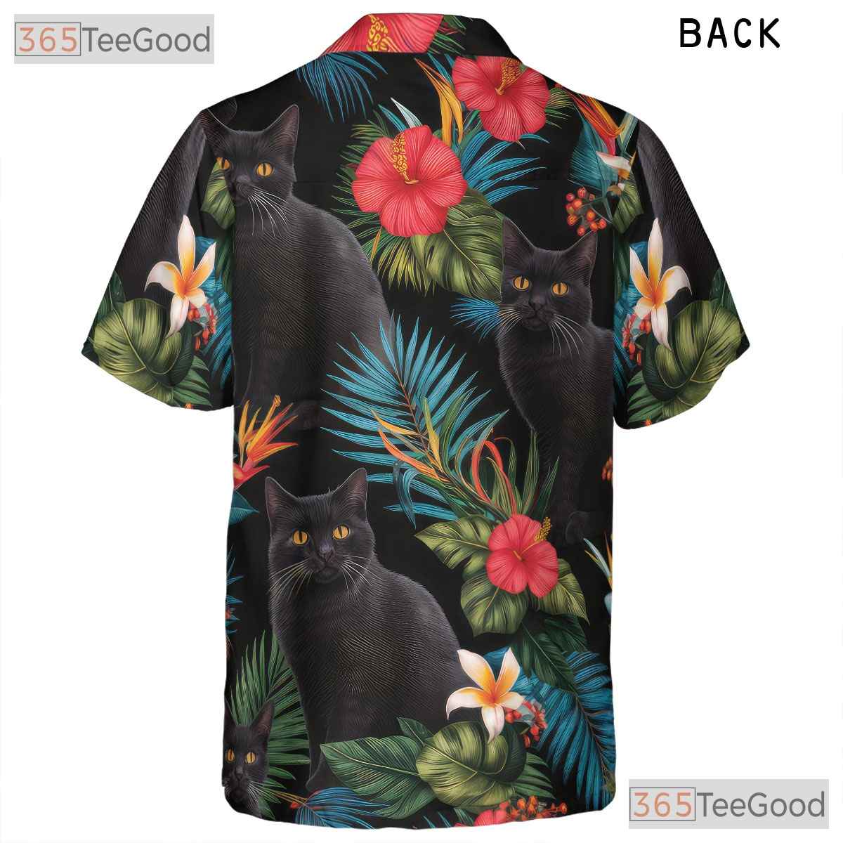 Black Cat Tropical Floral Aloha Beach Party Hawaiian Tee Unisex Outfit Top