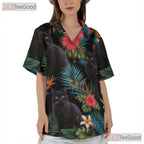 Black Cat Tropical Floral Aloha Beach Party Hawaiian Tee Unisex Outfit Top