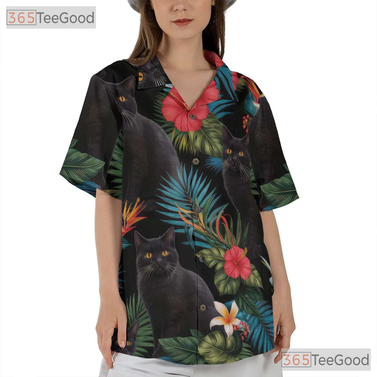 Black Cat Tropical Floral Aloha Beach Party Hawaiian Tee Unisex Outfit Top