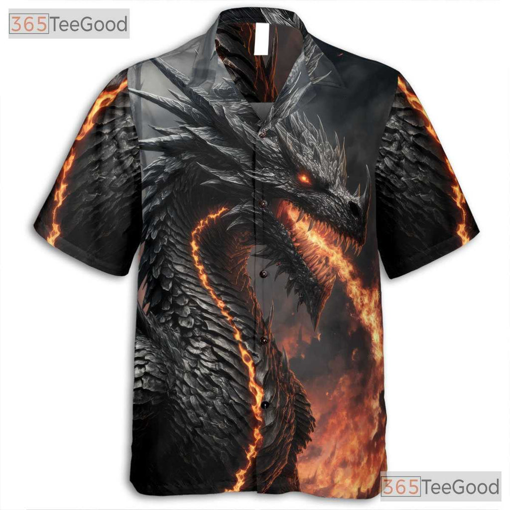 Black Fire Dragon Fantasy Hawaiian Shirt- Unisex Flaming Beast Print Apparel