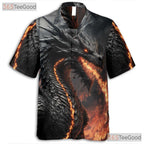 Black Fire Dragon Fantasy Hawaiian Shirt- Unisex Flaming Beast Print Apparel