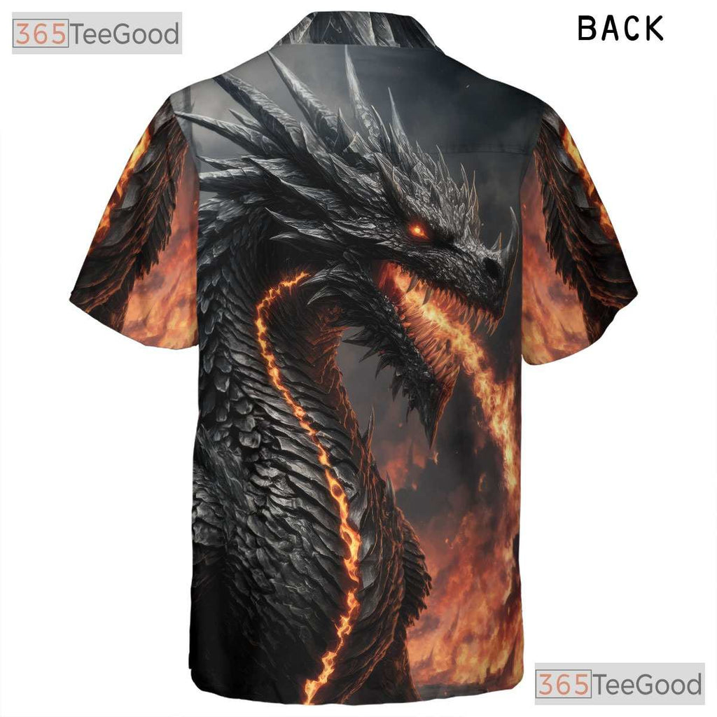 Black Fire Dragon Fantasy Hawaiian Shirt- Unisex Flaming Beast Print Apparel