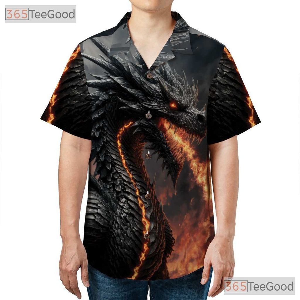 Black Fire Dragon Fantasy Hawaiian Shirt- Unisex Flaming Beast Print Apparel