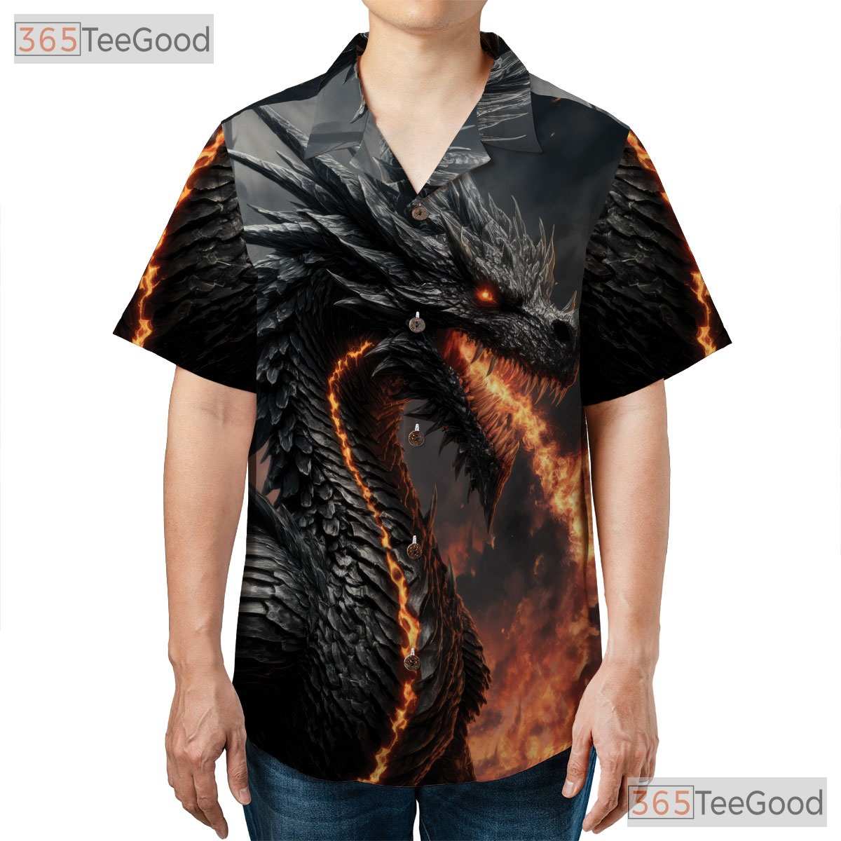 Black Fire Dragon Fantasy Hawaiian Shirt- Unisex Flaming Beast Print Apparel
